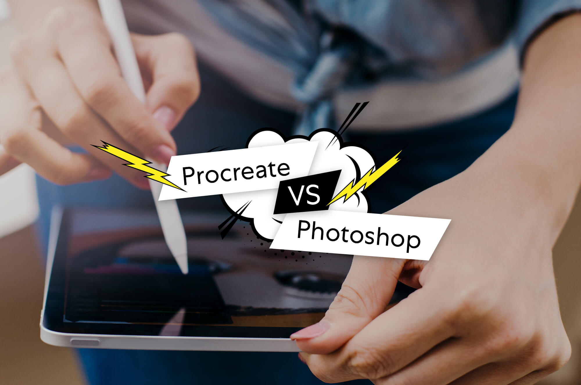 Close-up of a person using an Apple Pencil on an iPad with a graphic overlay reading Procreate vs Photoshop.