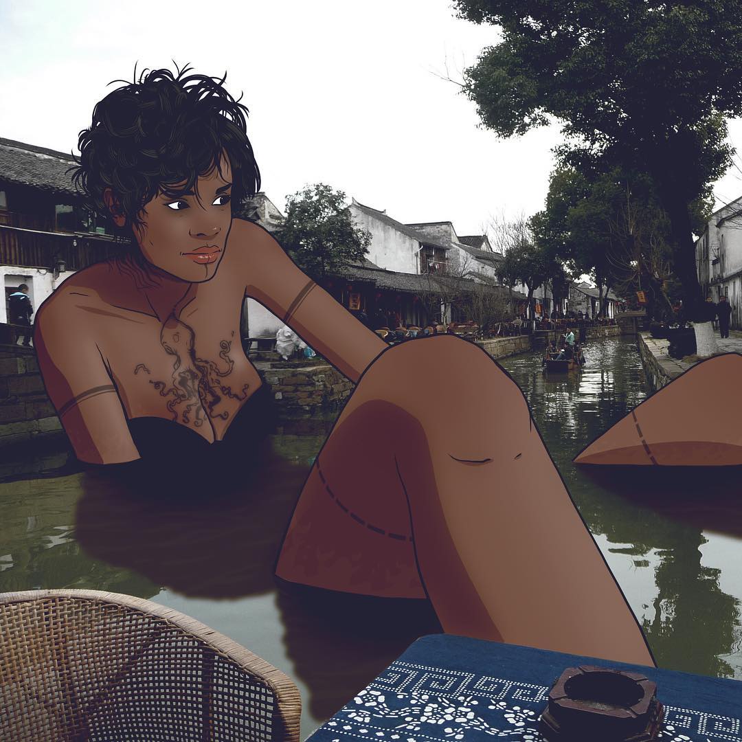 Digital artwork of a giant woman sitting in a canal, blending illustration with a real-life street scene.