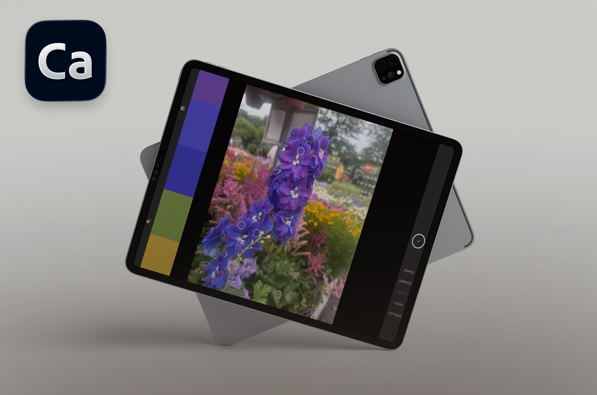An iPad with Adobe Capture open on it and the app icon in the top left corner.