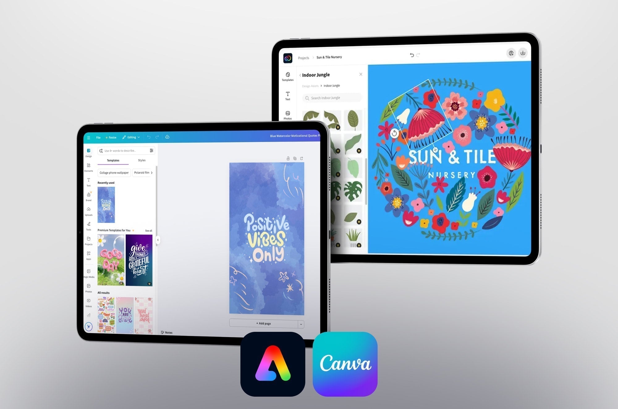 Two iPads showing designs in Adobe Express and Canva with the app icons below.
