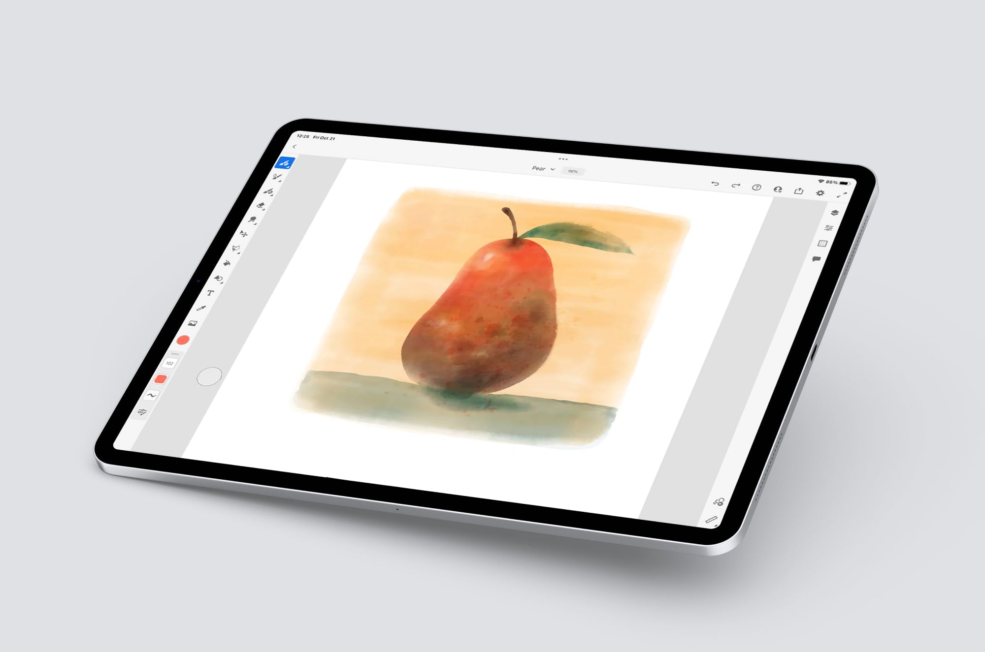 iPad screen displaying a digital watercolor painting of a red and green pear with a single leaf, created in an art app.