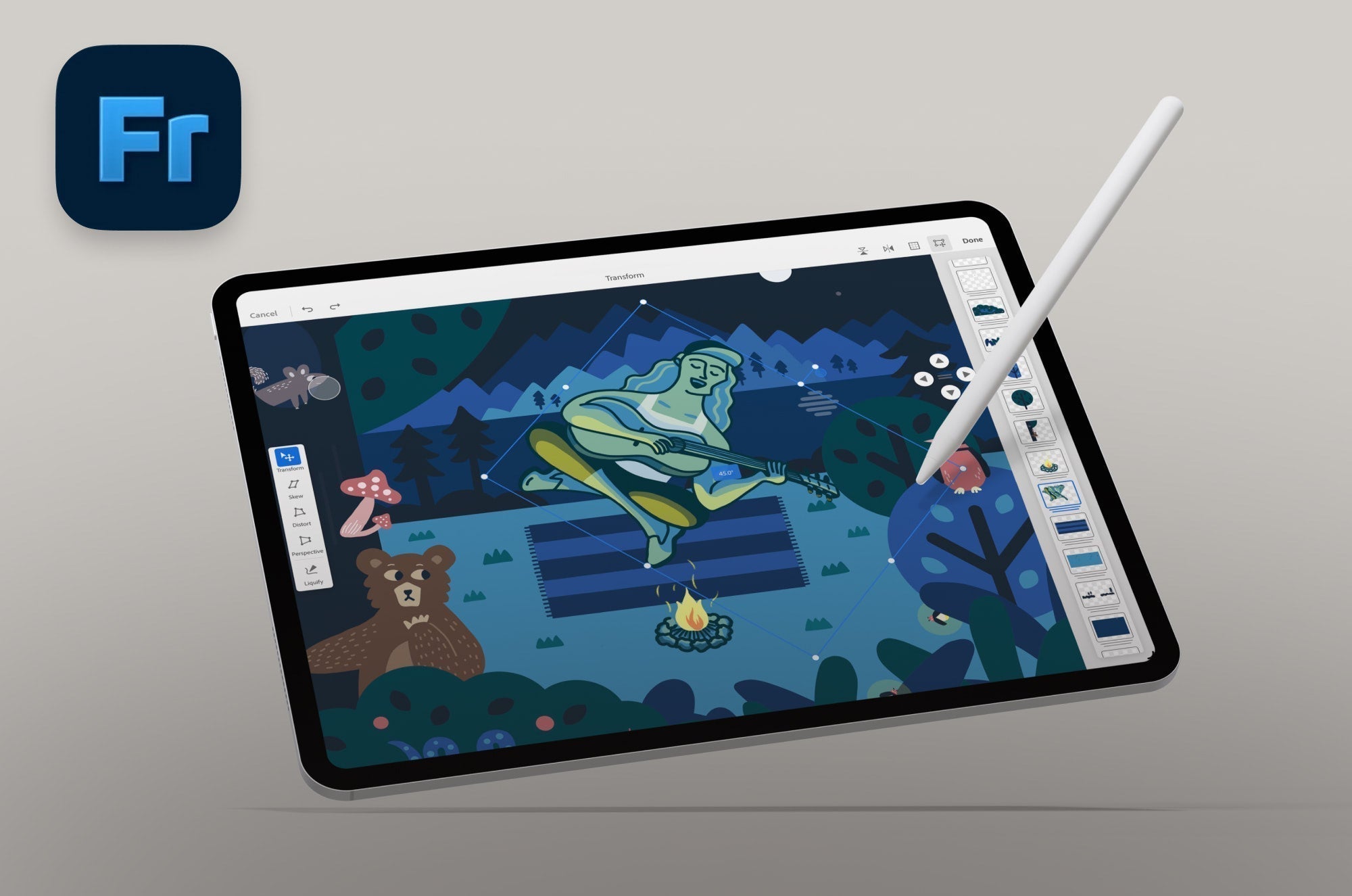 An iPad with a digital drawing in Adobe Fresco on it.