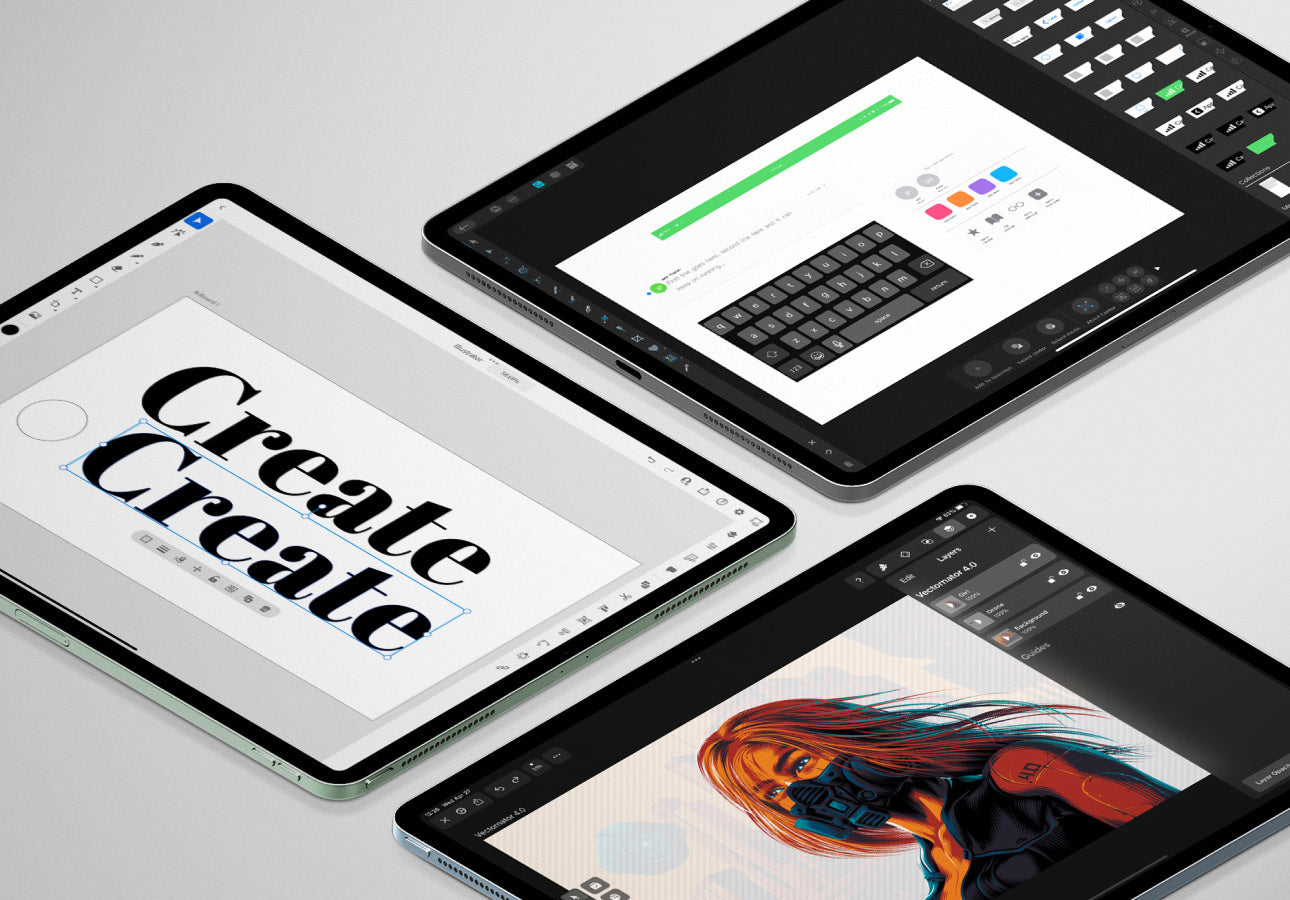 Three iPads on a desk displaying different creative projects: one with bold text that says ‘Create,’ another with a digital painting of a woman in vibrant colors, and a third showing a design interface with icons and a keyboard layout.
