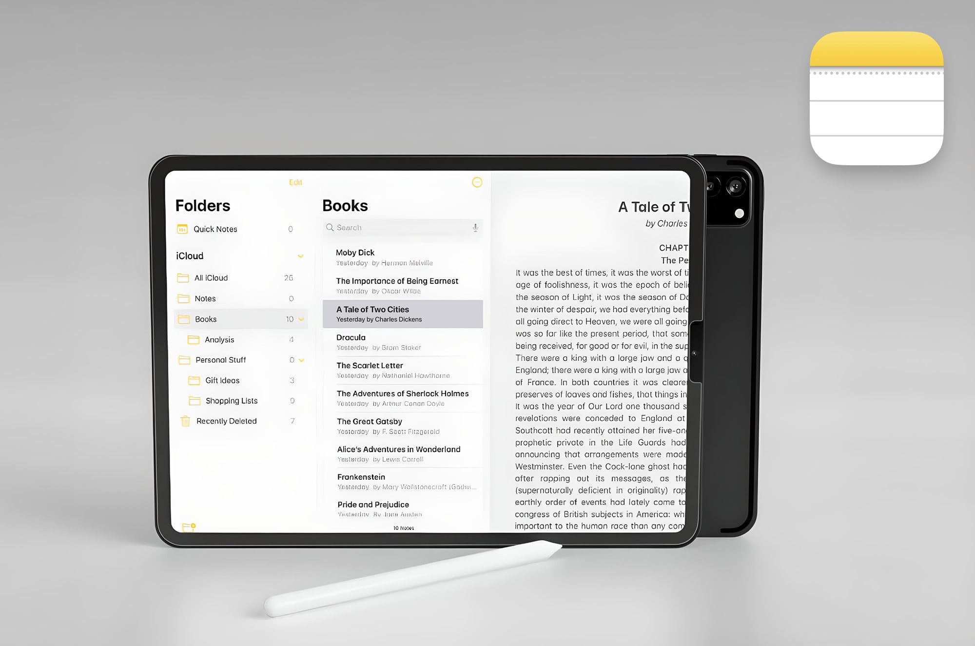An iPad with Apple Notes open on the screen.