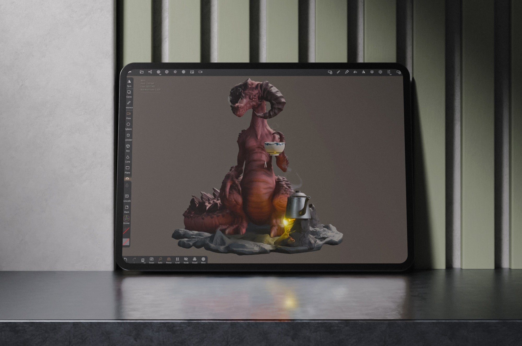 Image of a 3D model dragon on an iPad.