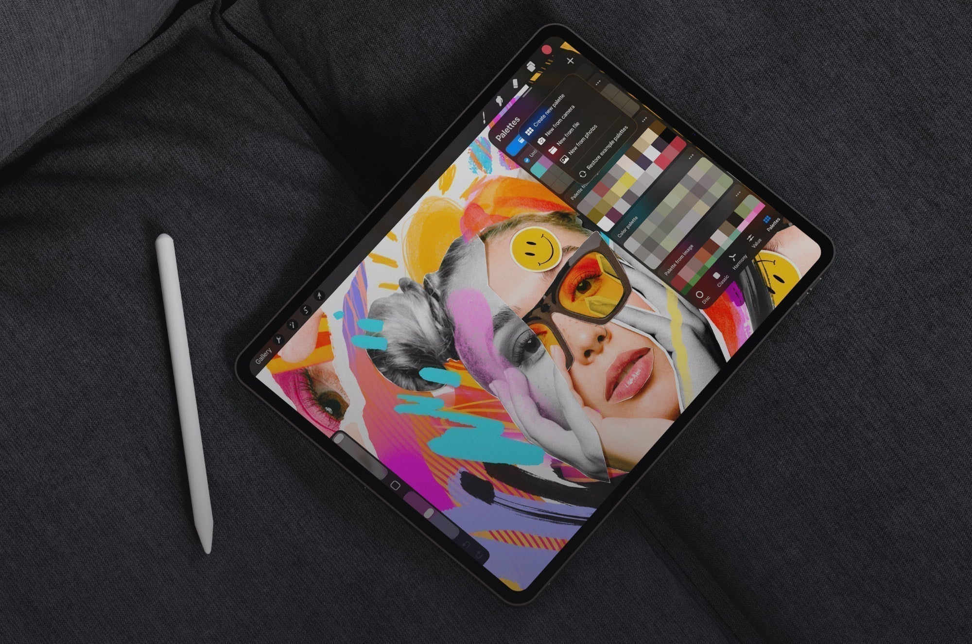 An iPad with a digital art project in Procreate open.
