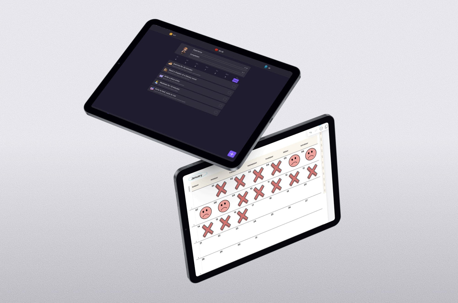 Two iPads floating on a gray background. One shows the Habitica productivity app with gamified tasks, the other displays a digital calendar marked with red Xs and sad face emojis.