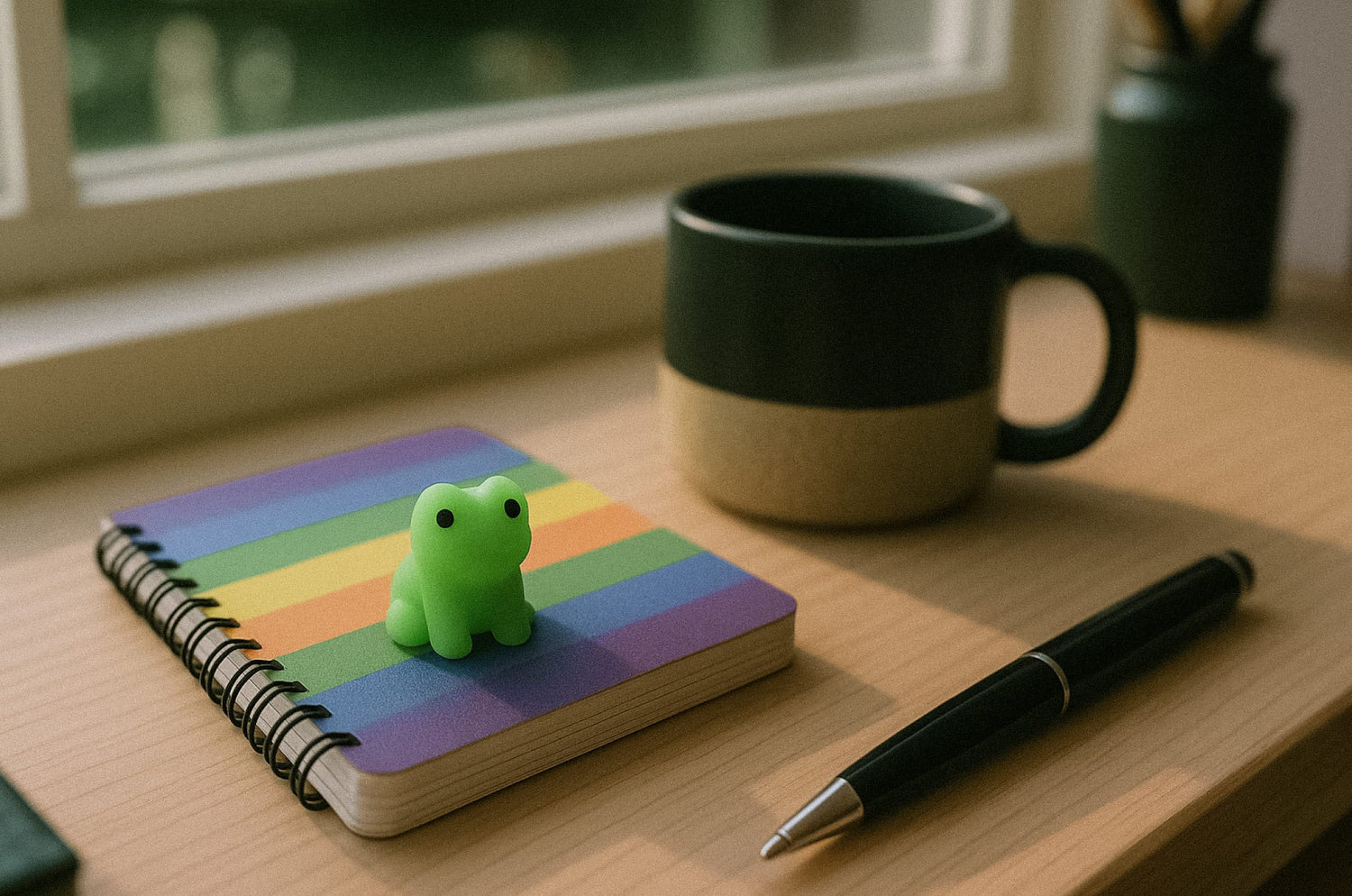 Small green frog figurine sitting on a rainbow-striped notebook next to a black-and-tan coffee mug and a pen on a wooden desk.