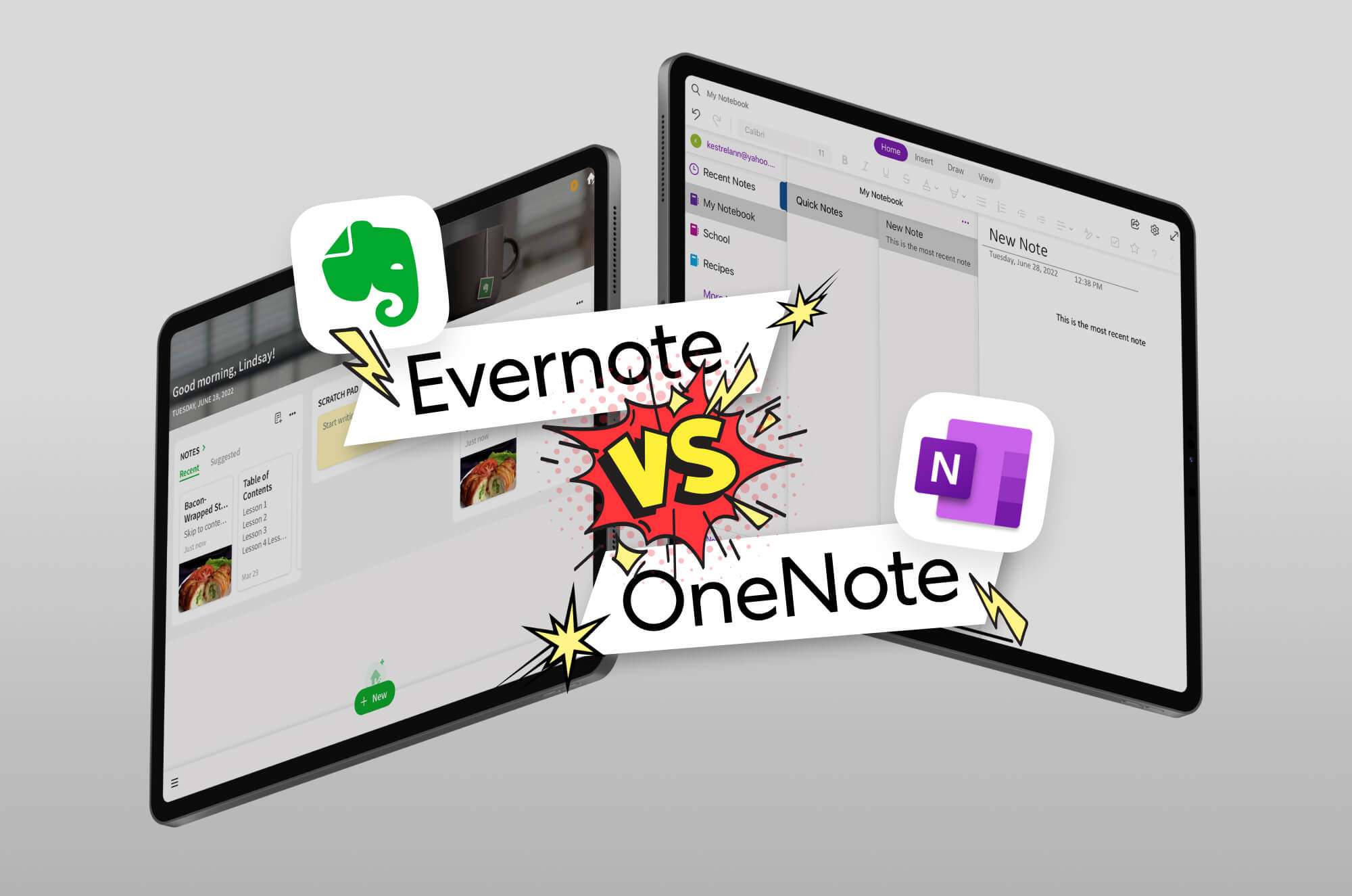 Comparison graphic showing Evernote versus OneNote on two tablets, with comic-style ‘VS’ explosion in the center.