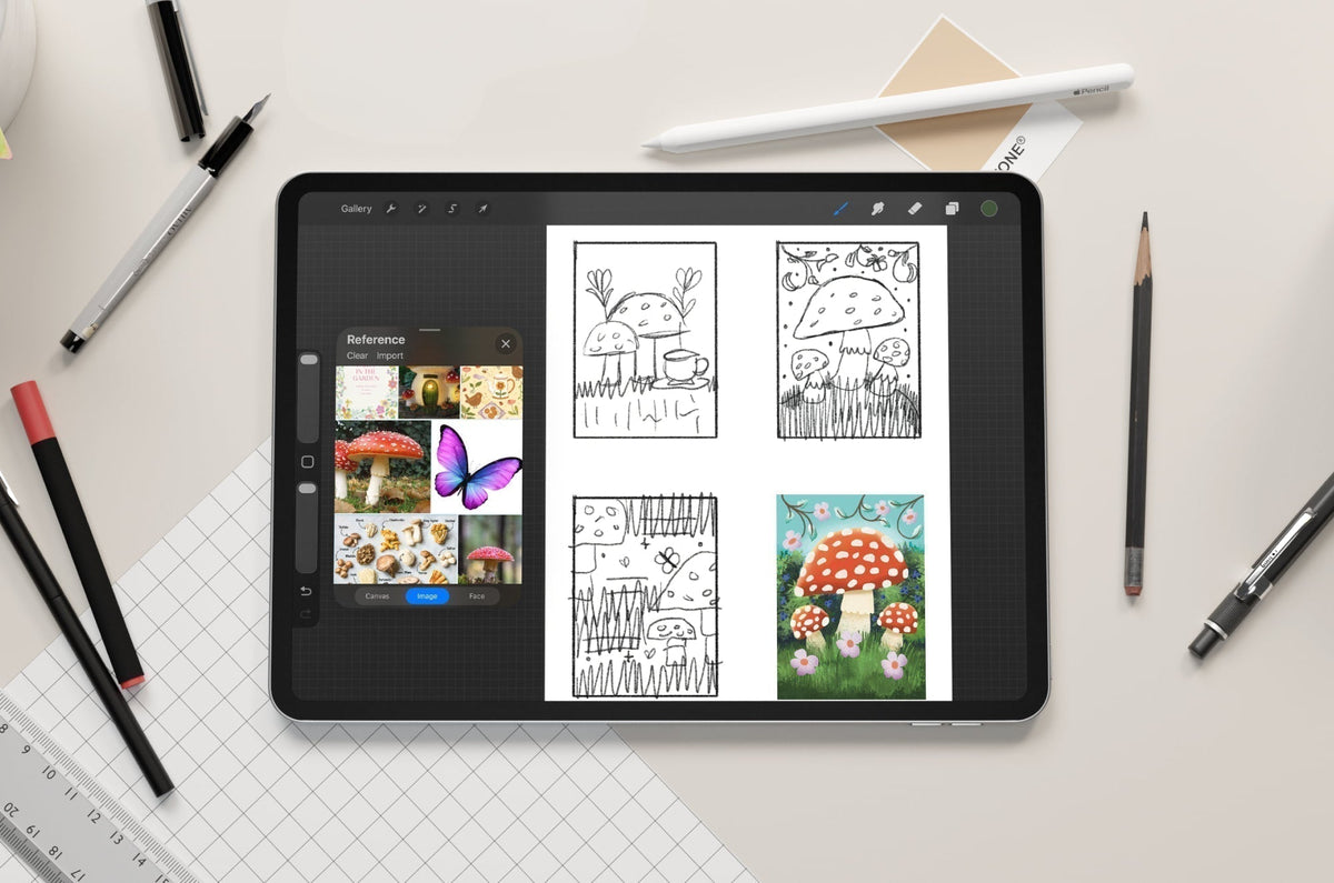 An iPad with a moodboard on the left and sketches of mushrooms on the right.