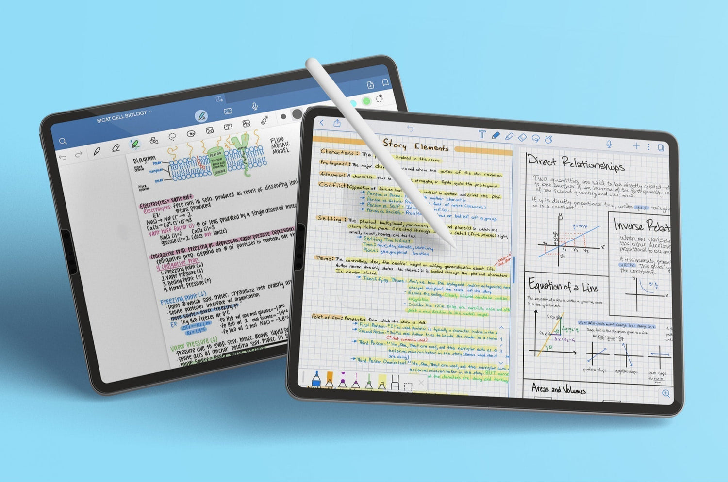Two iPads displaying handwritten digital notes with diagrams, graphs, and highlighted text, with an Apple Pencil placed across one screen.