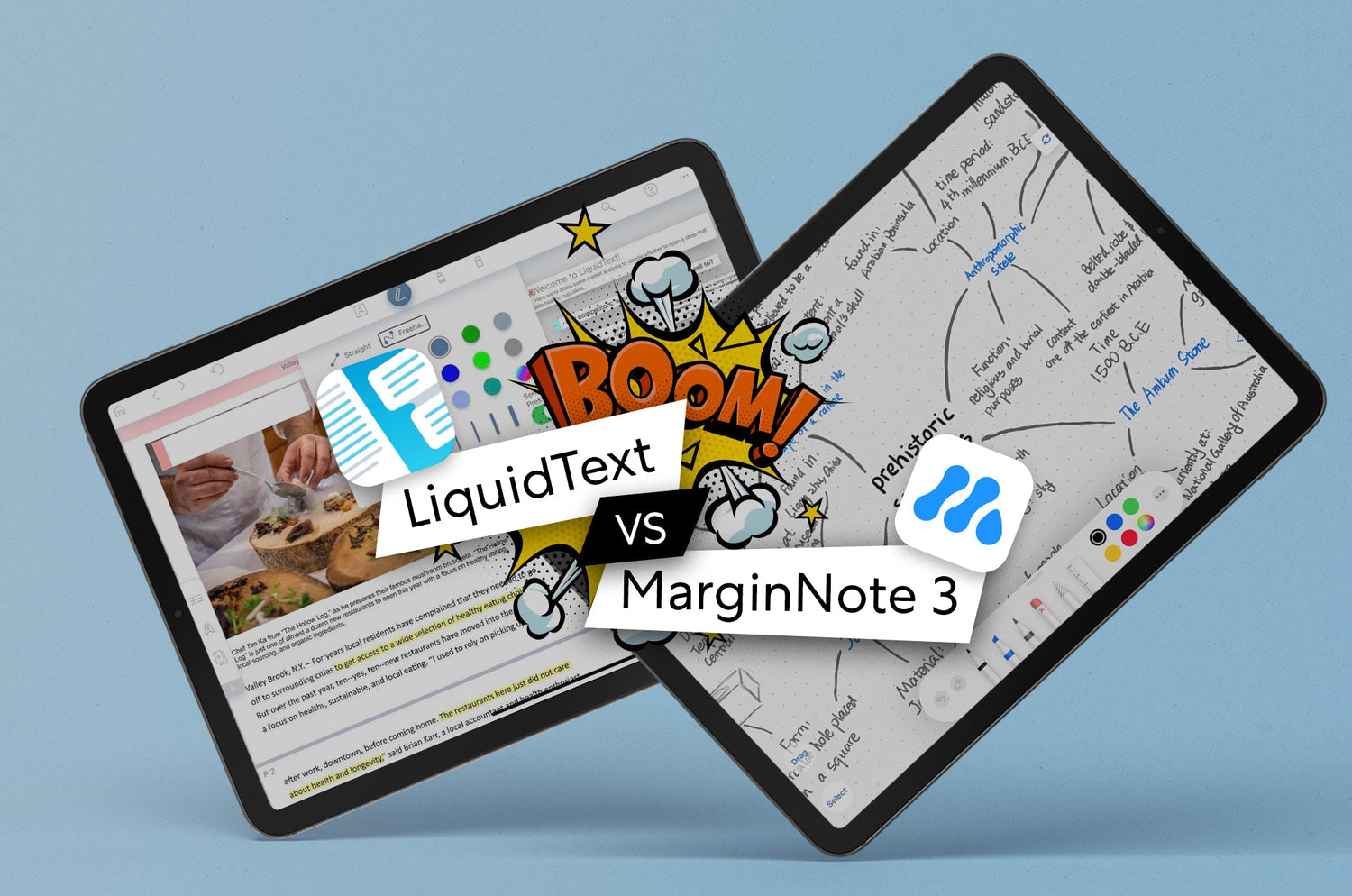 Two iPads displaying notetaking apps LiquidText and MarginNote 3 with a comic-style ‘Boom!’ graphic between them.
