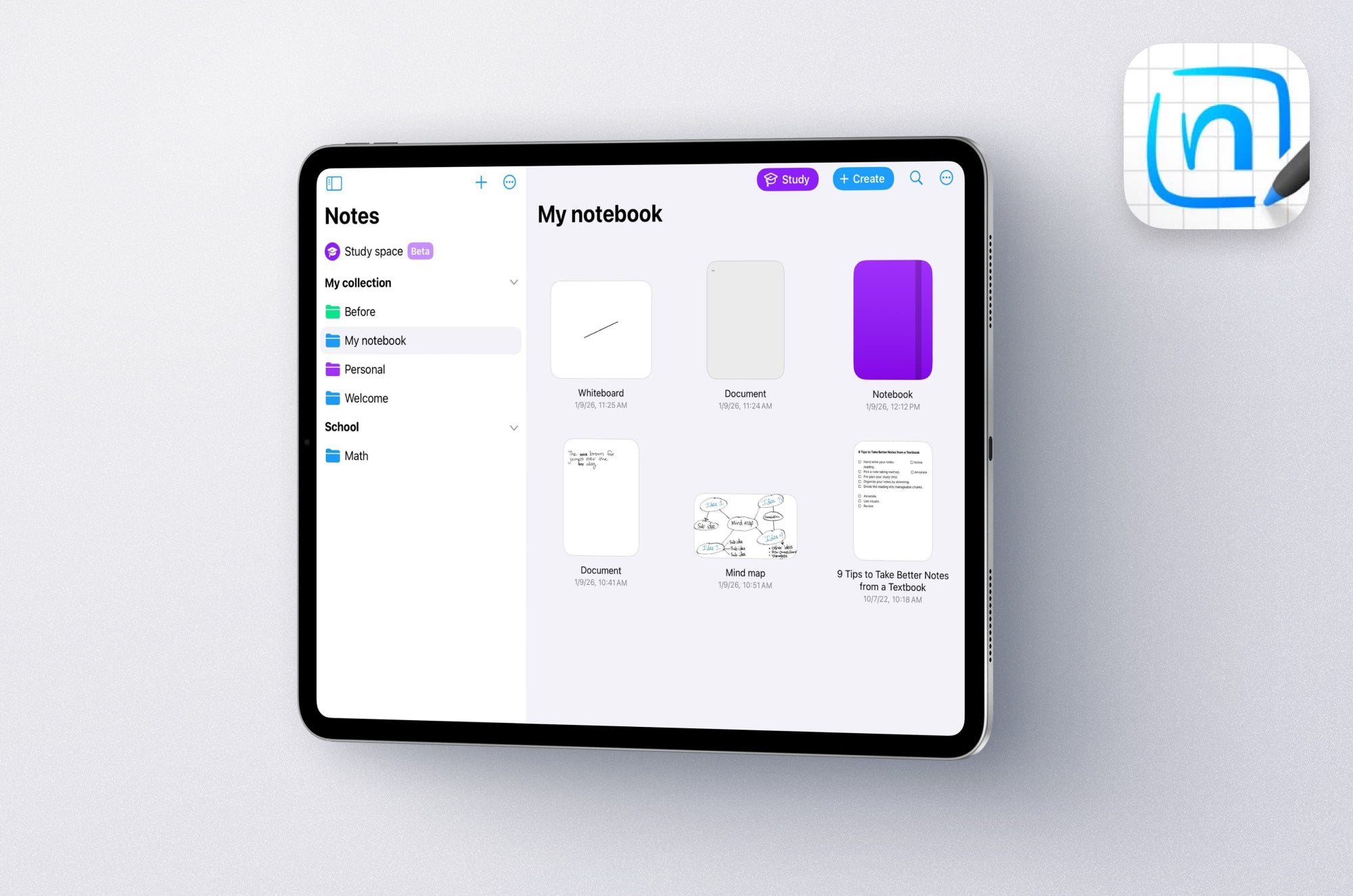 An iPad with the MyScript Notes app open on it.