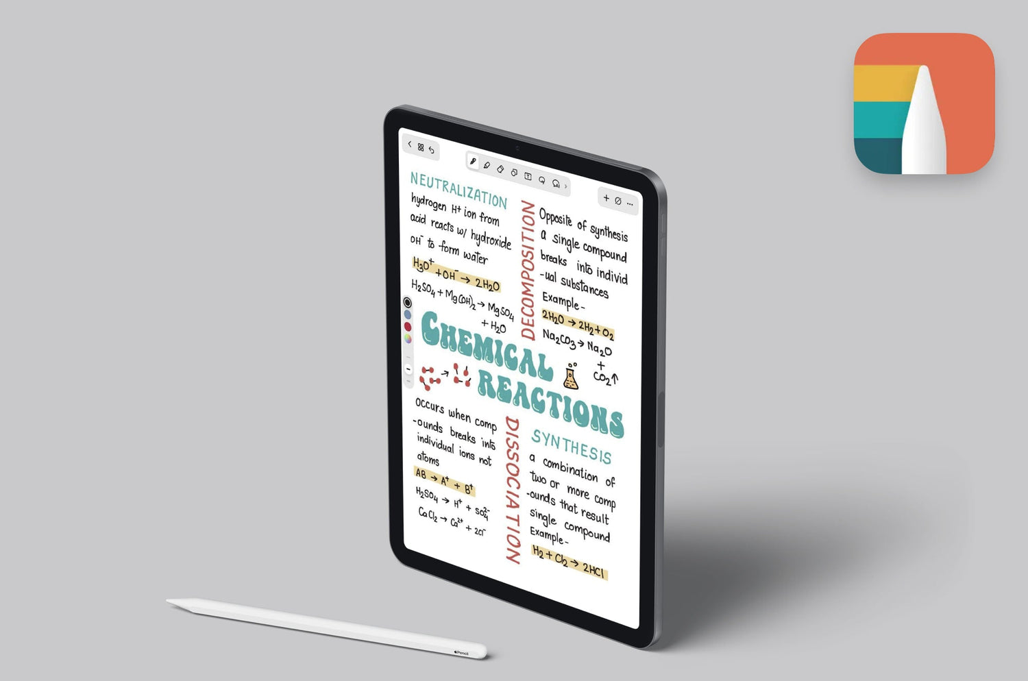 iPad with Apple Pencil showing digital handwritten chemistry notes about chemical reactions, created in the Noteshelf 3 app.