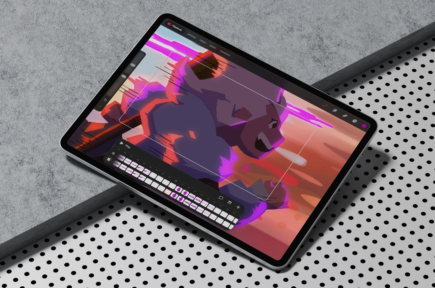 An iPad with an animation in Procreate Dreams on the screen.