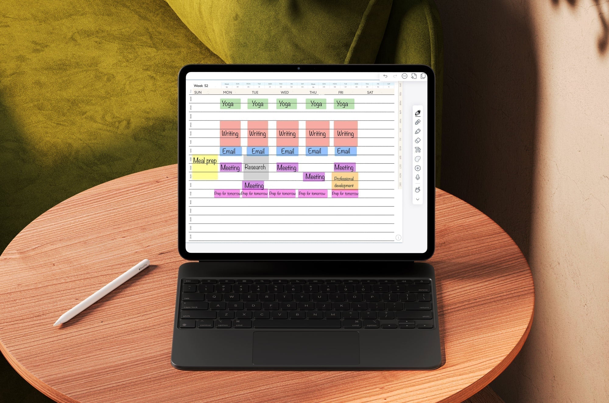 iPad on a keyboard stand showing a colorful weekly digital planner with blocks for yoga, writing, email, meetings, and professional development, with an Apple Pencil resting on the wooden table.