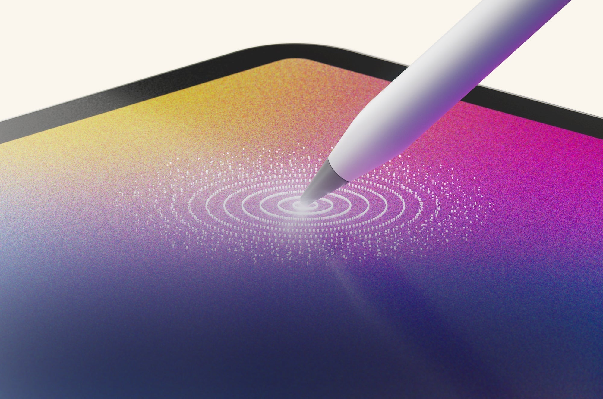 An Apple Pencil touches a colorful iPad screen.