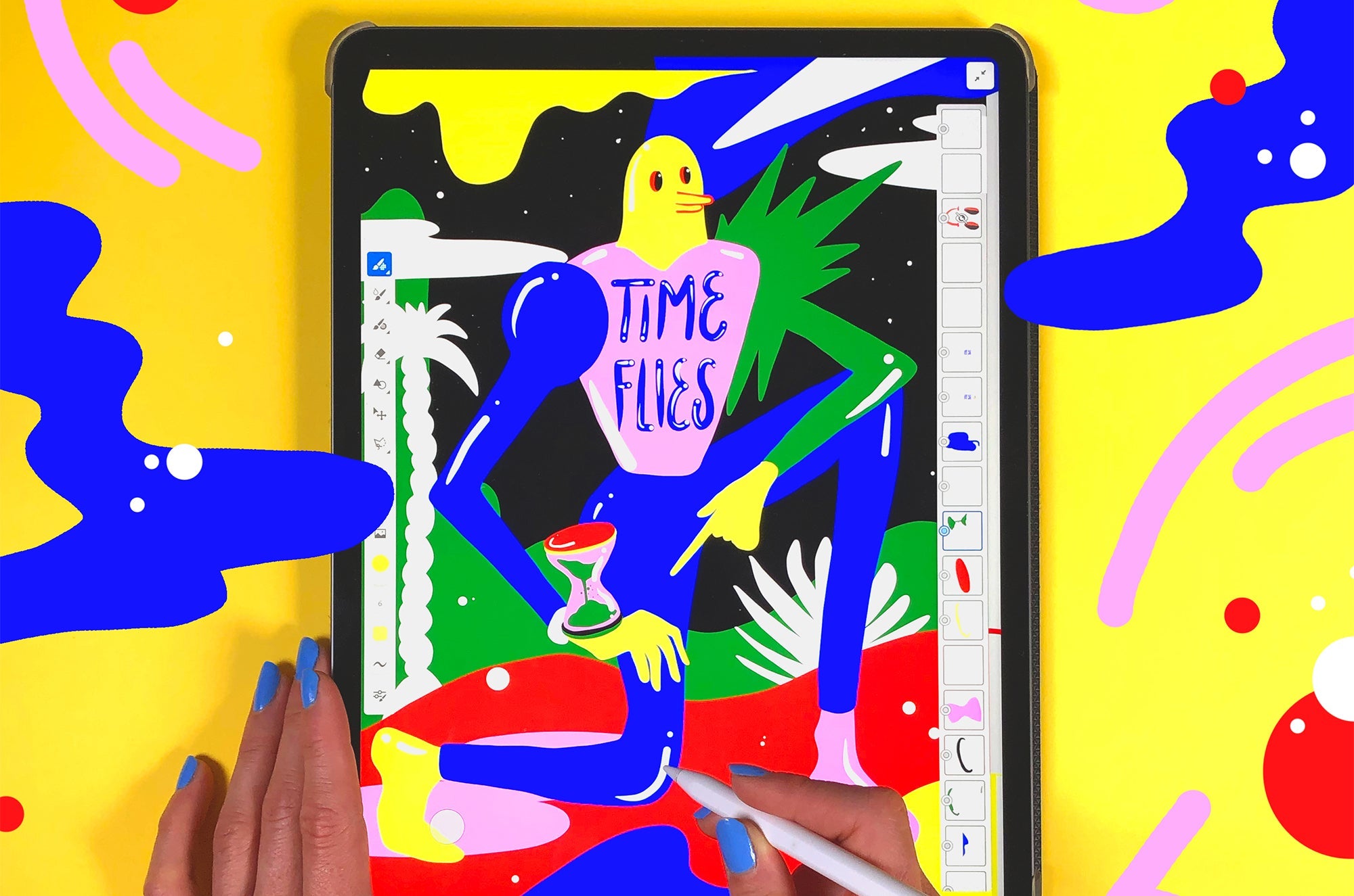 Digital artwork on an iPad showing a colorful abstract figure with the words ‘Time Flies,’ created using Apple Pencil.