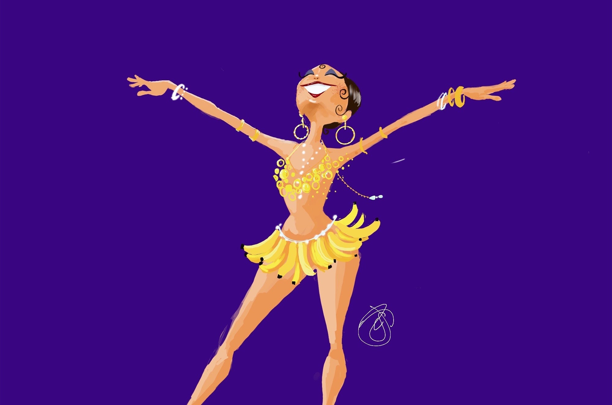 Colorful digital illustration of a joyful dancer wearing a banana skirt and gold jewelry against a purple background.