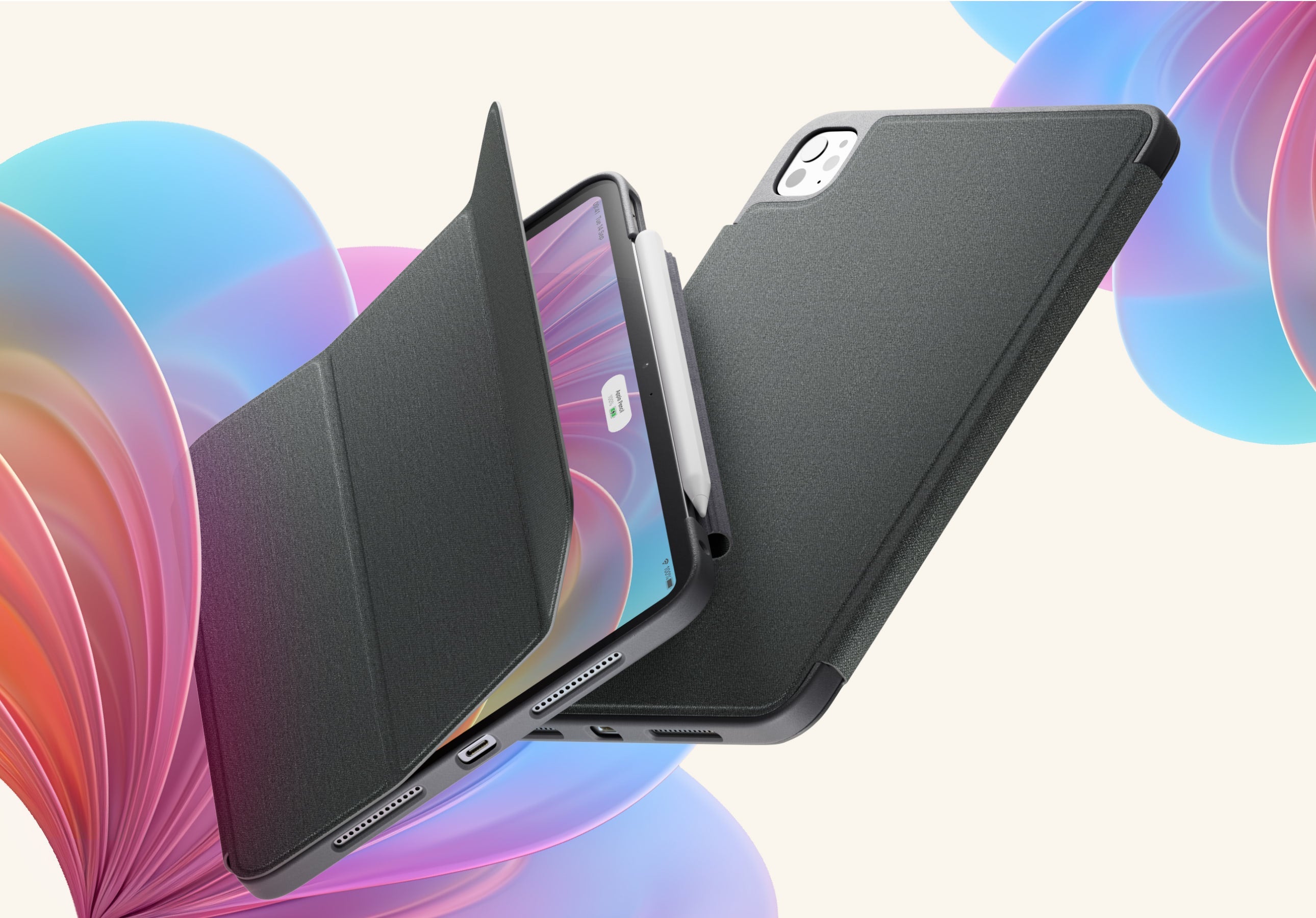 An image displaying the Paperlike Folio Case and Paperlike Bumper Case slightly angled with the Folio Cases latch lifted to show the active iPad screen