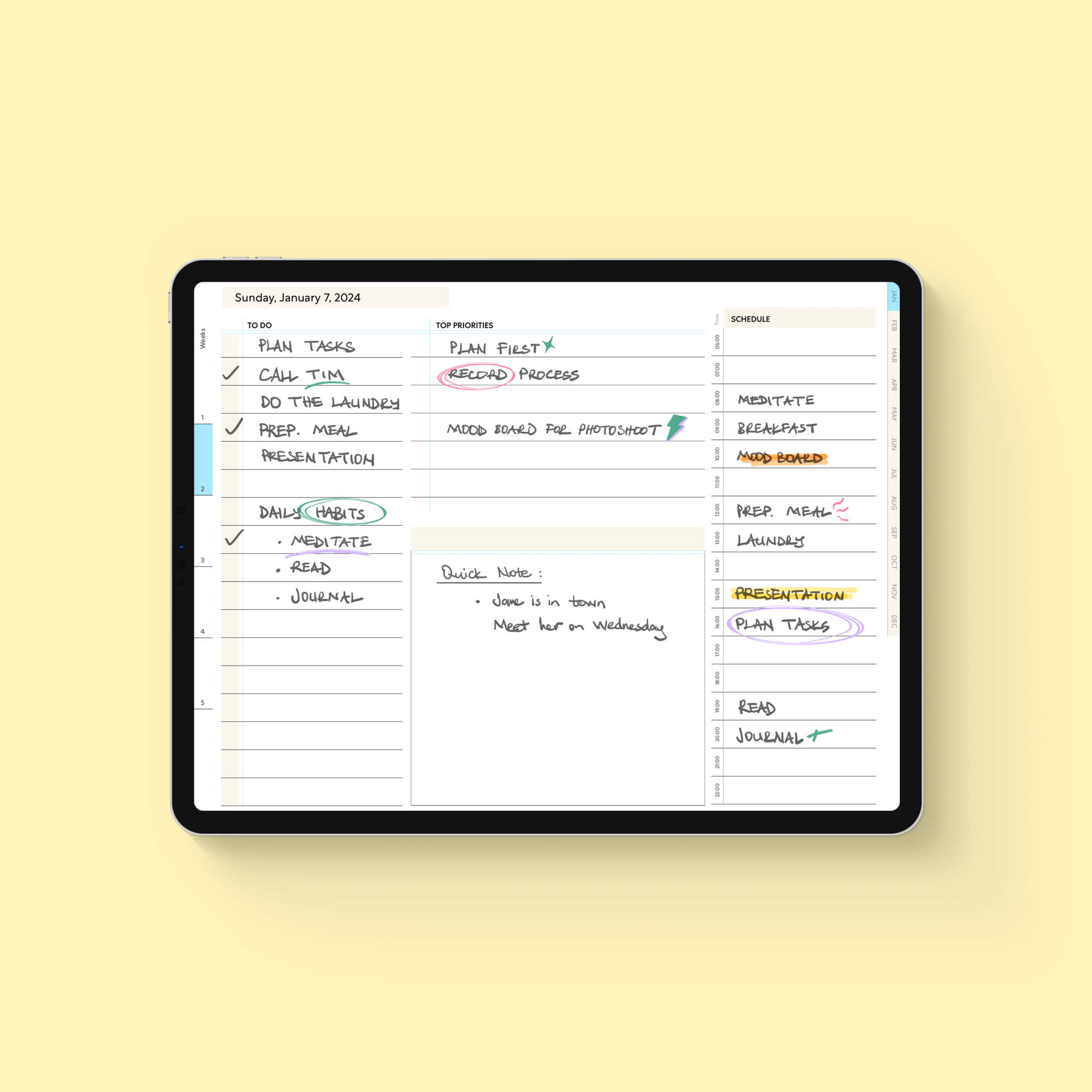 iPad with light mode digital planner on display with focus on one day on a yellow background