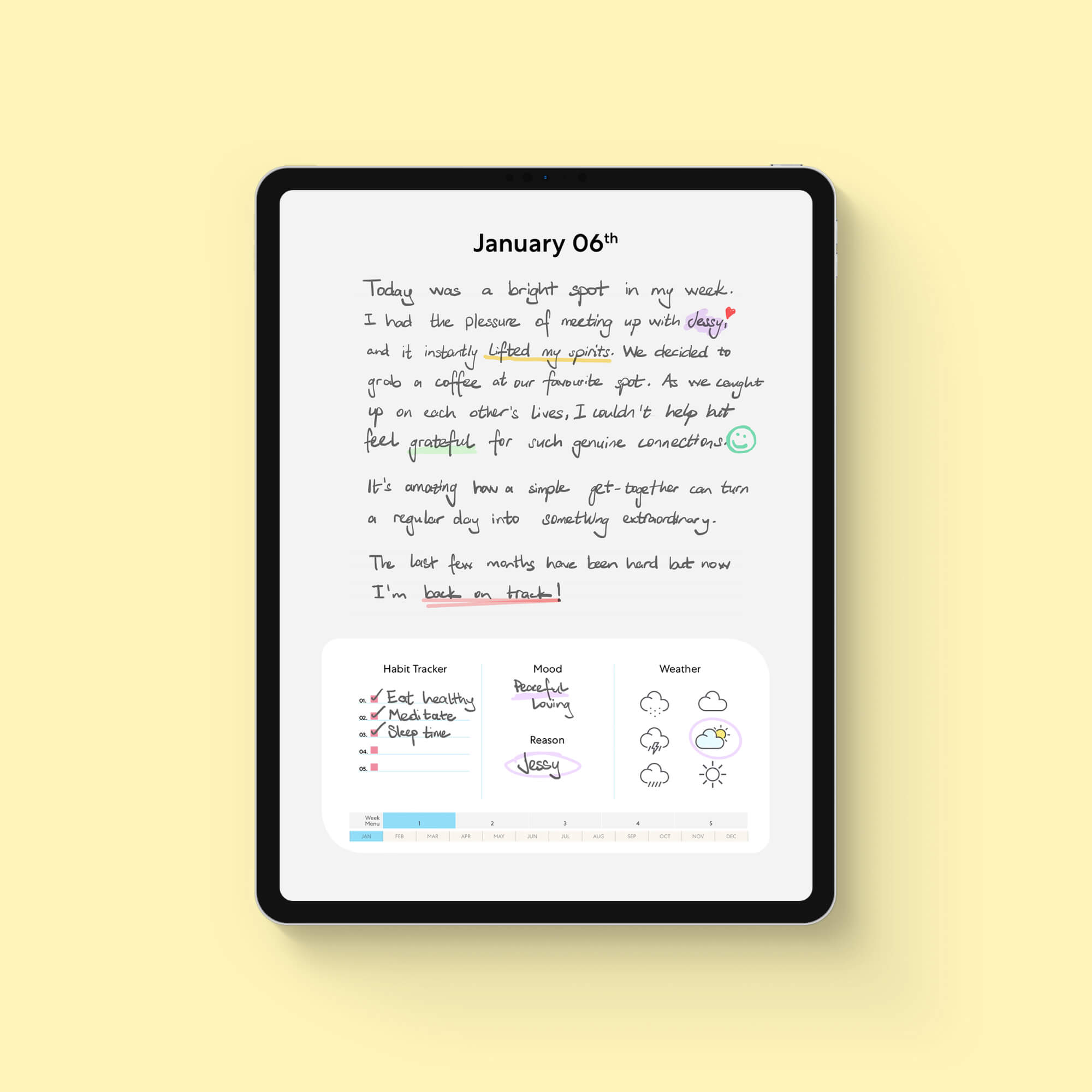 iPad with digital journal in light mode with January 6th on display