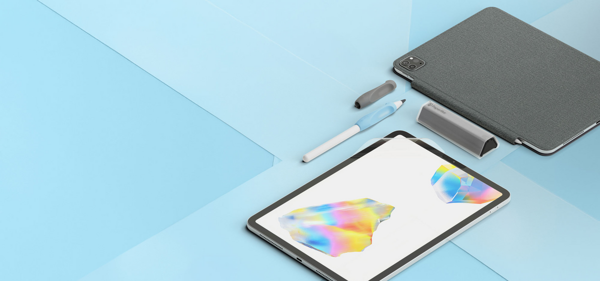 An iPad with a colorful abstract wallpaper is shown on a light blue geometric background, with a Paperlike 3 iPad screen protector applied to it, alongside the dark gray Paperlike folio case, an Apple Pencil with a Paperlike pencil grip and Paperlike pencil tip applied to it, and the Paperlike cleaning kit next to it.