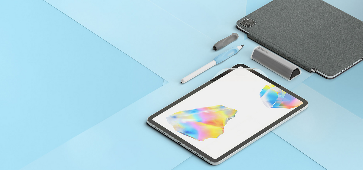 An iPad with a colorful abstract wallpaper is shown on a light blue geometric background, with a Paperlike 3 iPad screen protector applied to it, alongside the dark gray Paperlike folio case, an Apple Pencil with a Paperlike pencil grip and Paperlike pencil tip applied to it, and the Paperlike cleaning kit next to it.