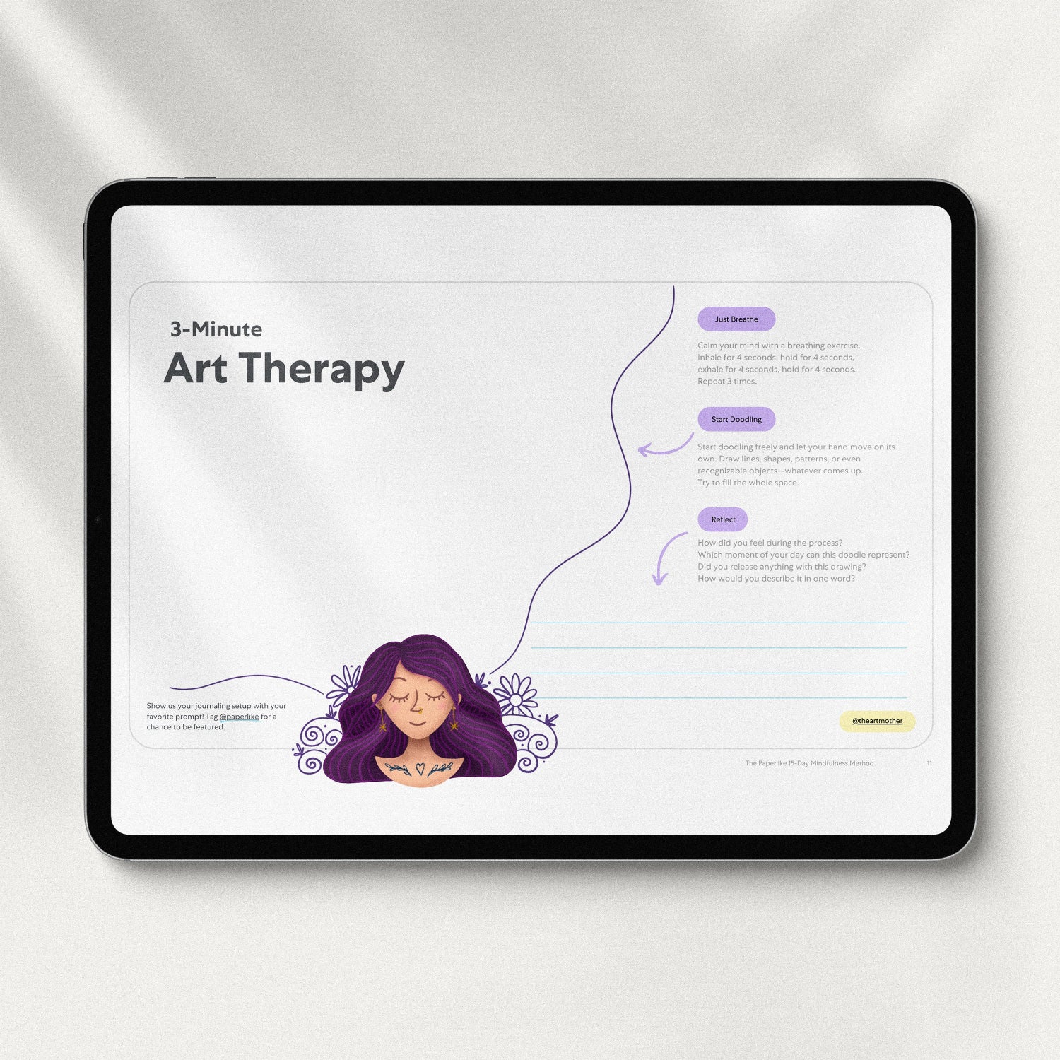 Tablet screen displaying a '3-Minute Art Therapy' journaling page from 'The Paperlike 15-Day Mindfulness Method'. The page features guided breathing, doodling, and reflection prompts with a calming illustration of a purple-haired woman with closed eyes.