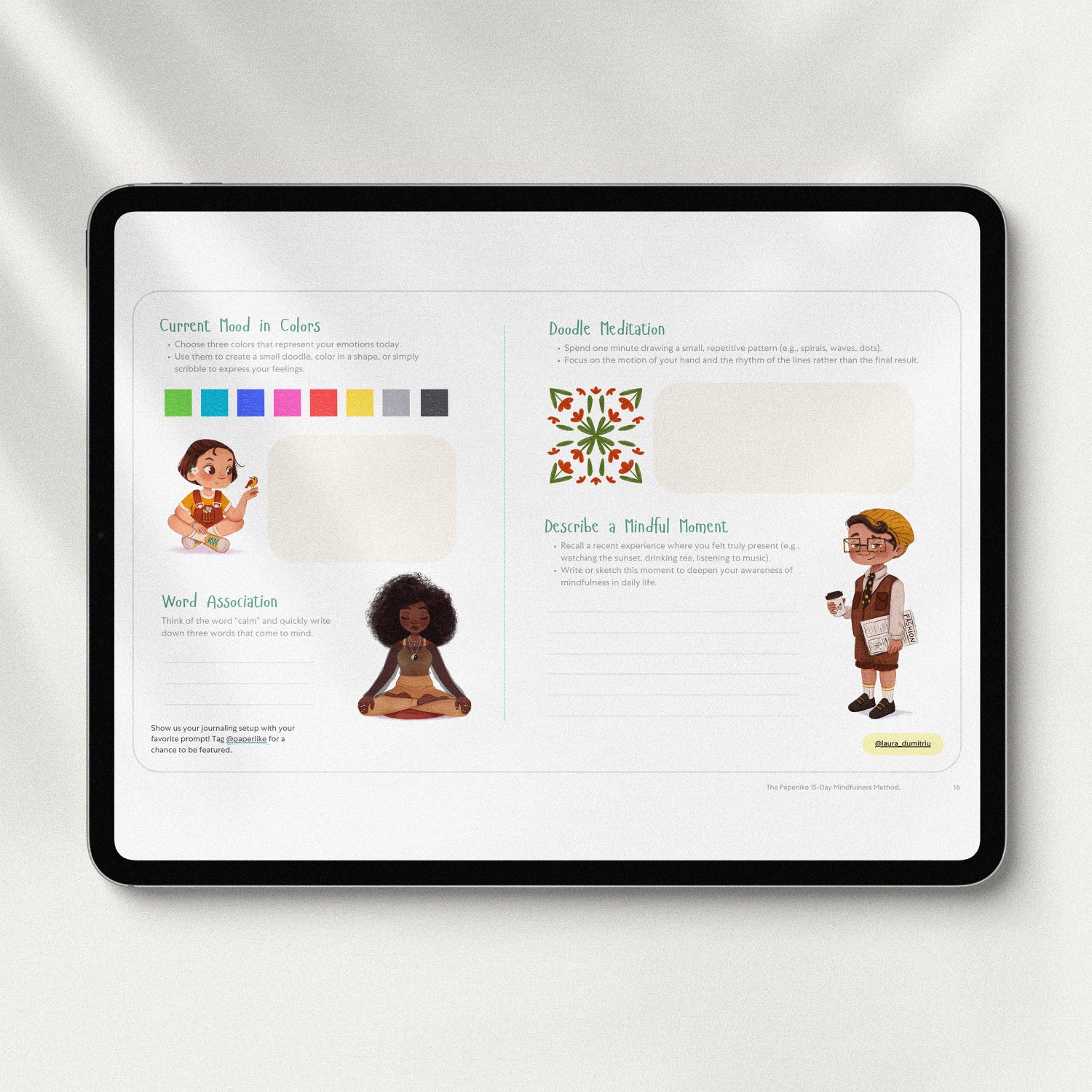 Tablet displaying a colorful journaling page from 'The Paperlike 15-Day Mindfulness Method'. The page includes sections for mood tracking with colors, word association, doodle meditation, and describing a mindful moment, with playful character illustrations throughout.