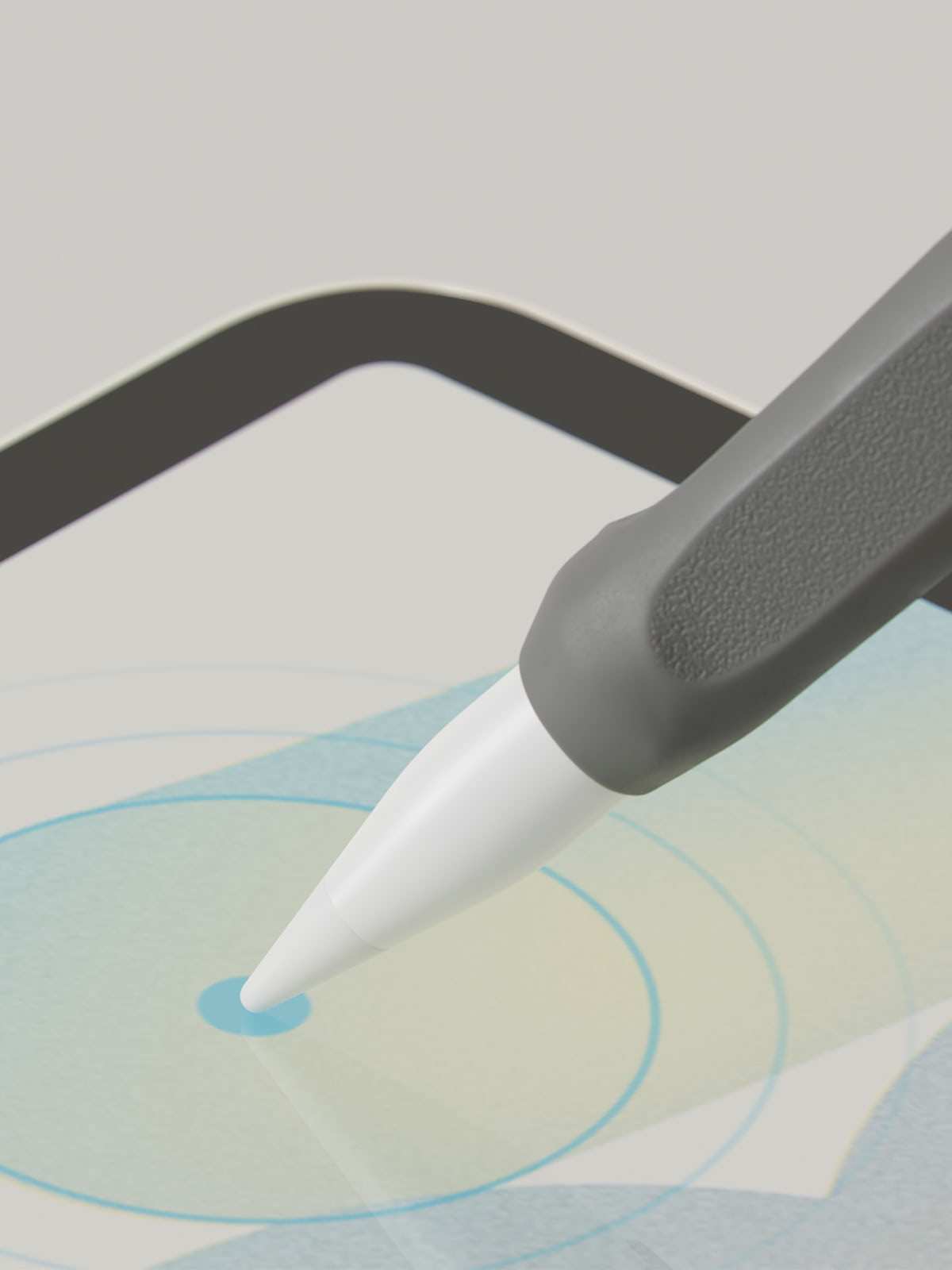 A close-up of an Apple Pencil touching a screen. Paperlike’s Pencil Grips are attached to the Apple Pencil.
