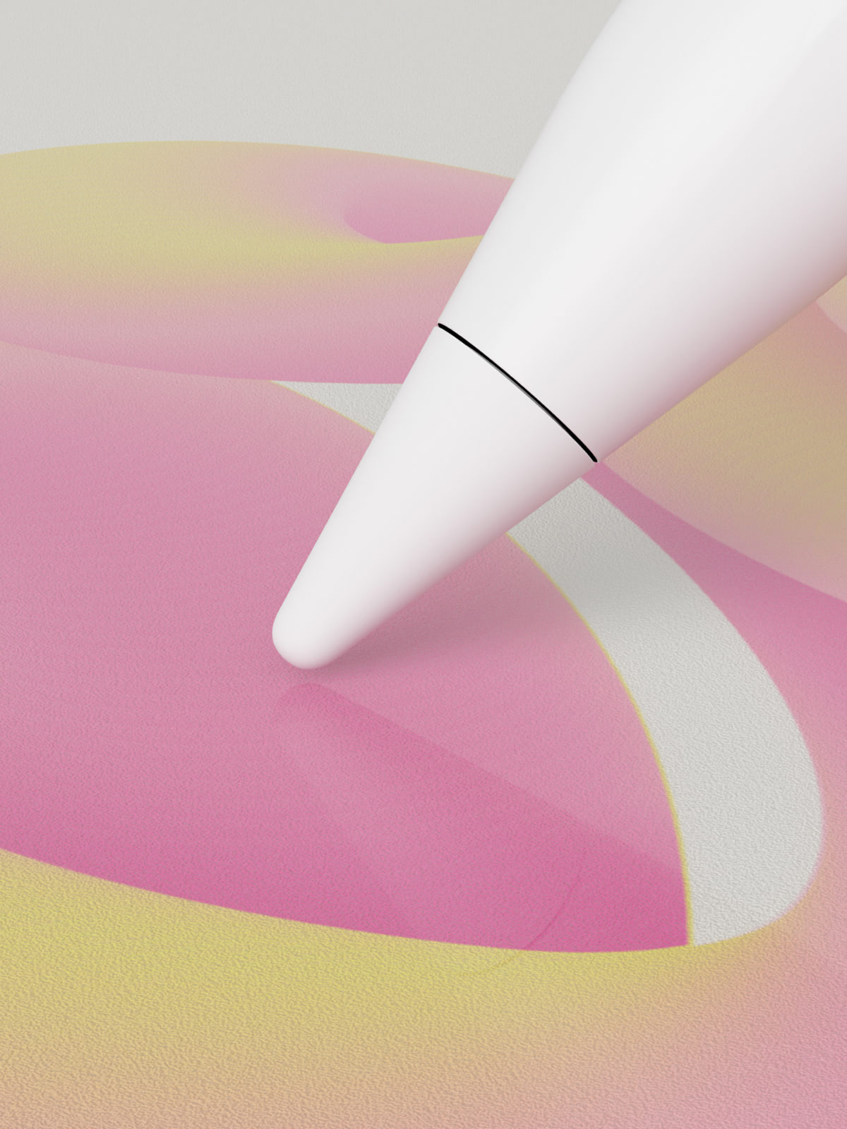 A close-up of an Apple Pencil tip on a screen filled with purple and yellow swirls. Paperlike’s Nanodots are visible as a grainy texture over the surface of the iPad screen.
