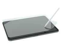 A small image of an Apple iPad with Paperlike's Screen Protector floating above it and Apple pencil.