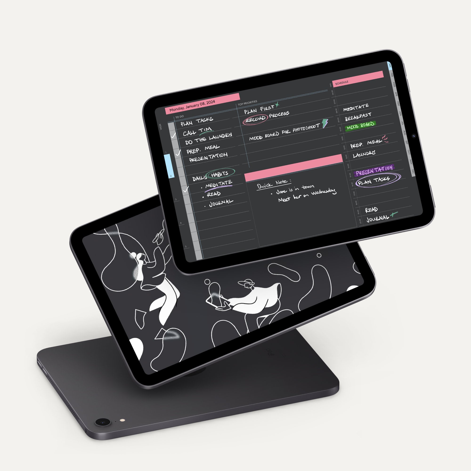 Dark mode of the pro digital planner featured with iPad
