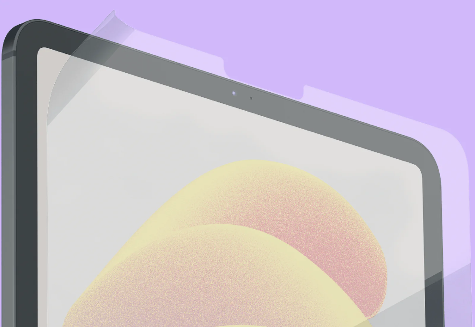 A close-up of the top half of an iPad with Paperlike’s iPad Screen Protector floating above it.