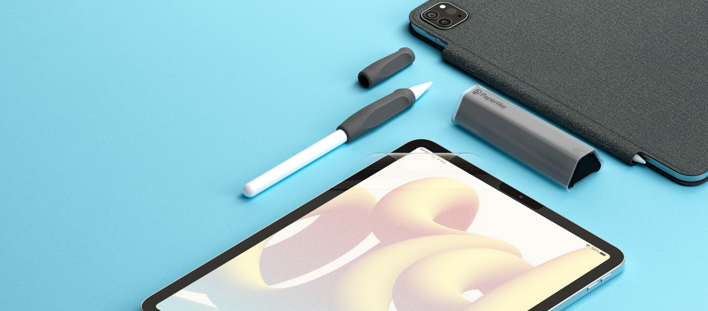 An image featuring the full suite of Paperlike products, including Paperlike’s iPad Screen Protector, Paperlike’s Folio Case, Paperlike’s Cleaning Kit, and Paperlike’s Pencil Grips.