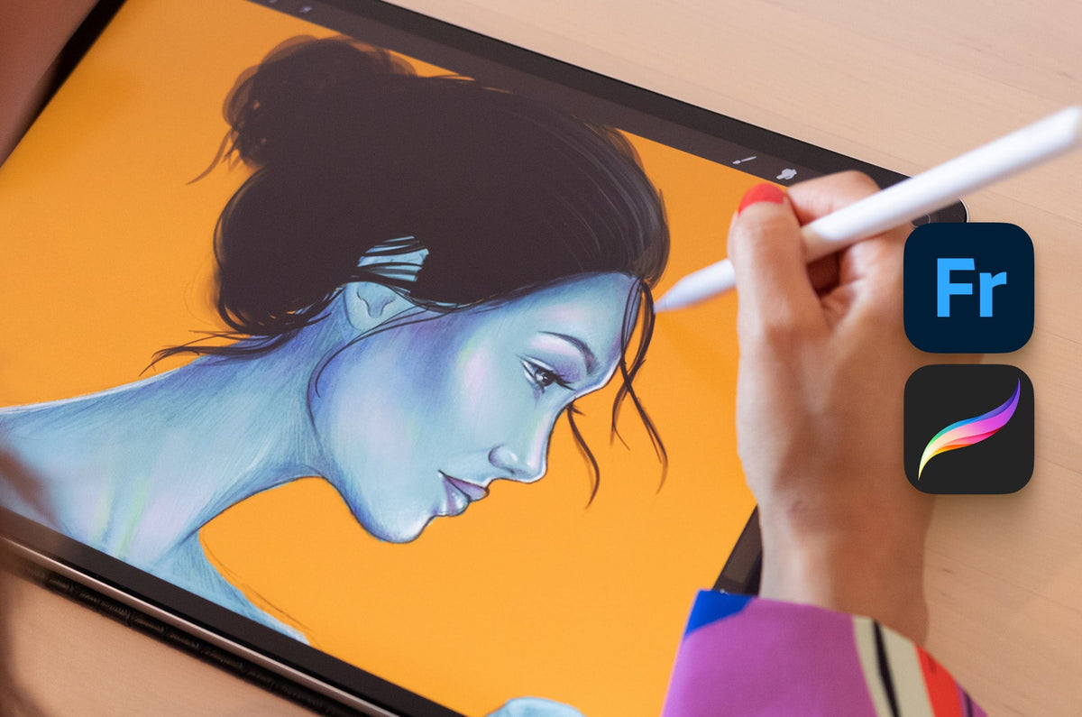 A hand holding an Apple Pencil over an iPad drawing of a woman.