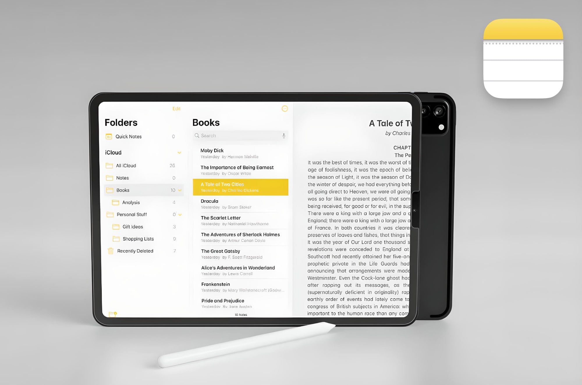 iPad screen showing the Apple Notes app with a digital bookshelf of classic literature, including ‘A Tale of Two Cities,’ open for reading. An Apple Pencil rests in front of the device.