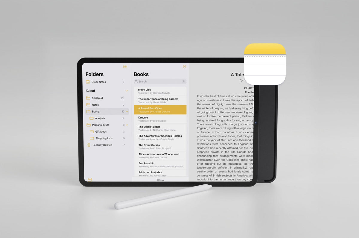 An iPad with Apple Notes open on the screen.