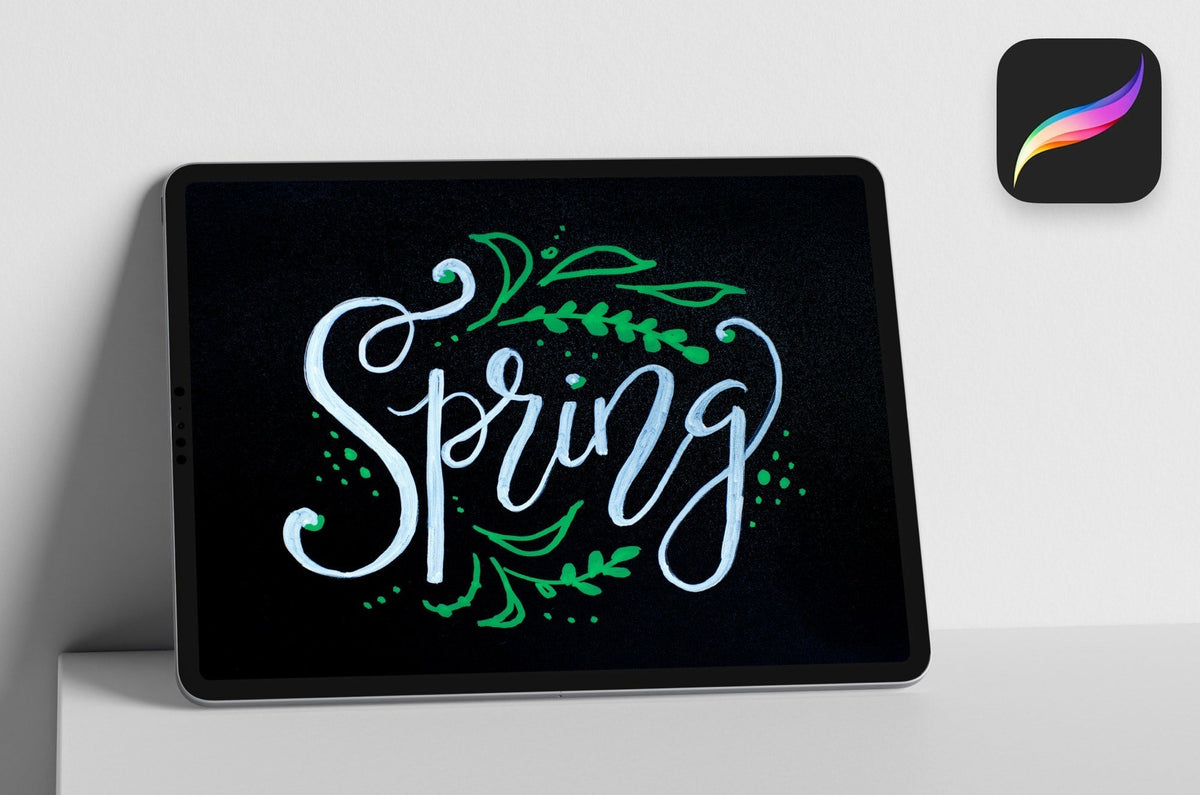An iPad with the hand-lettered word "Spring" on it in Procreate.