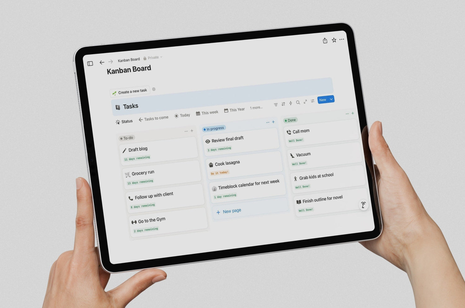An iPad with a Kanban board for task management open on the screen.