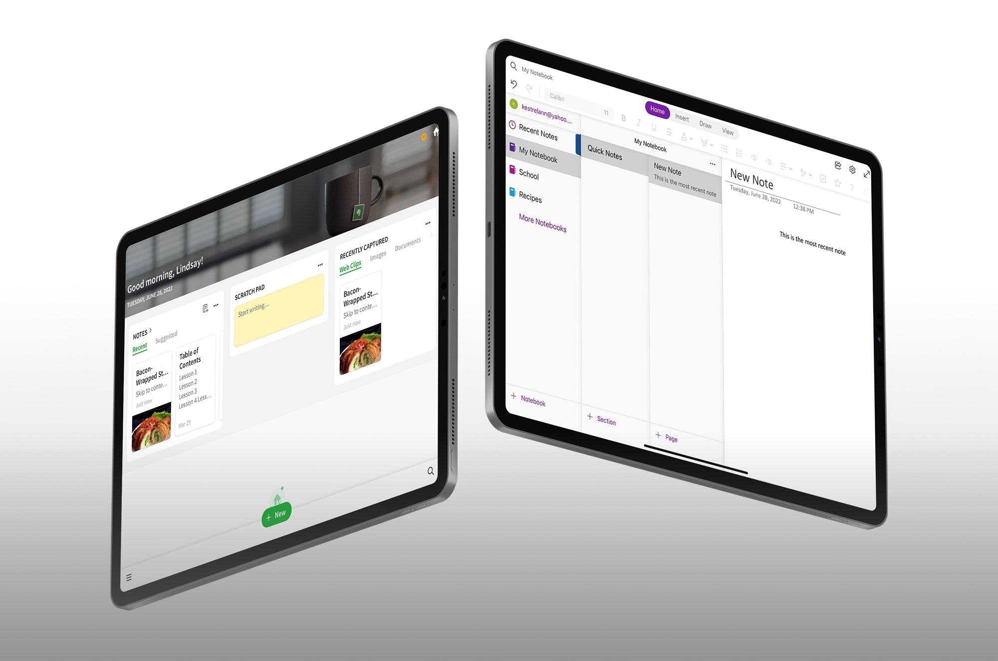 Two iPads side by side, one with Evernote and one with OneNote open on them.