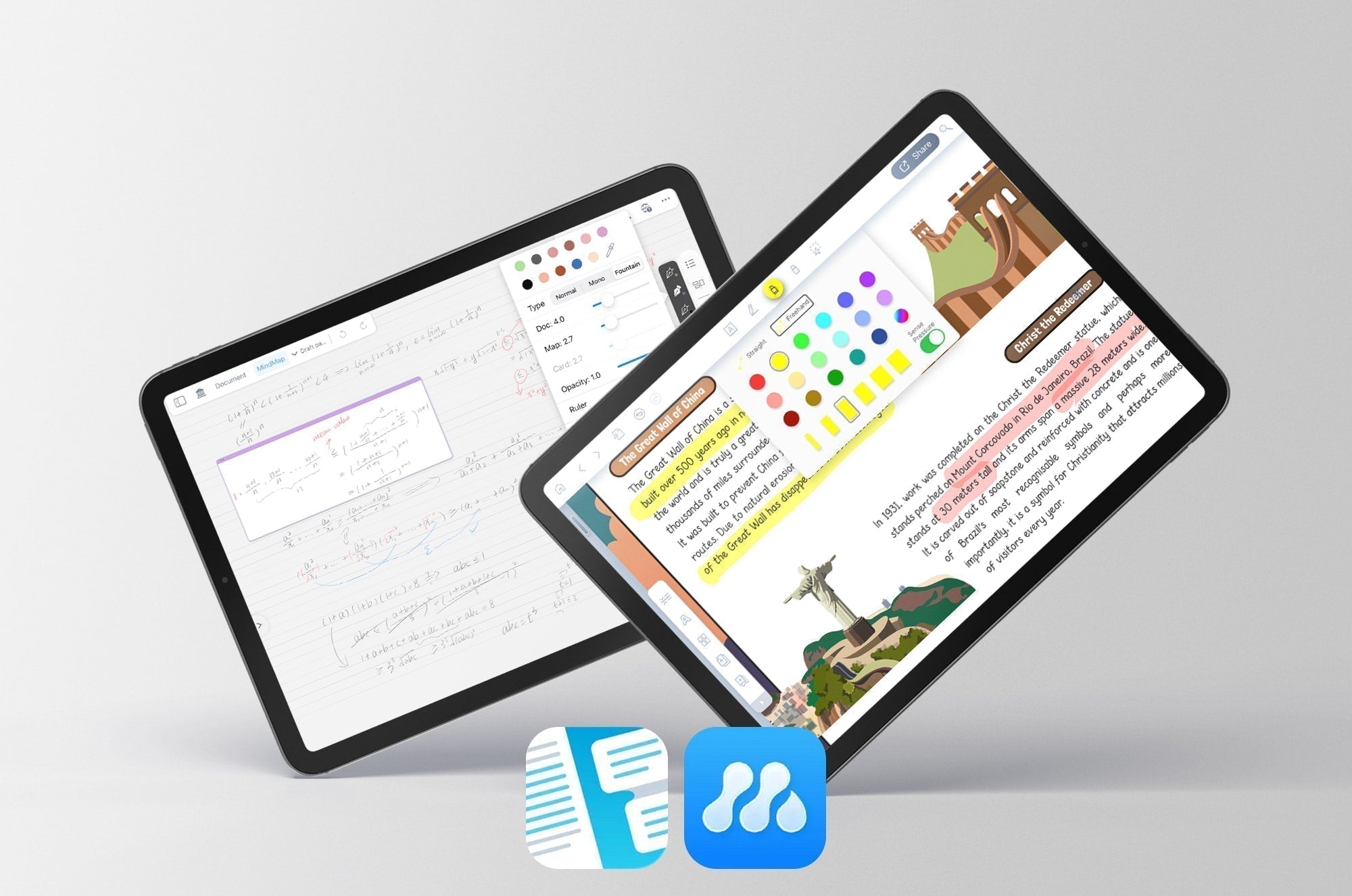 Two iPads side by side, one with LiquidText and one with MarginNote 4 open on them.