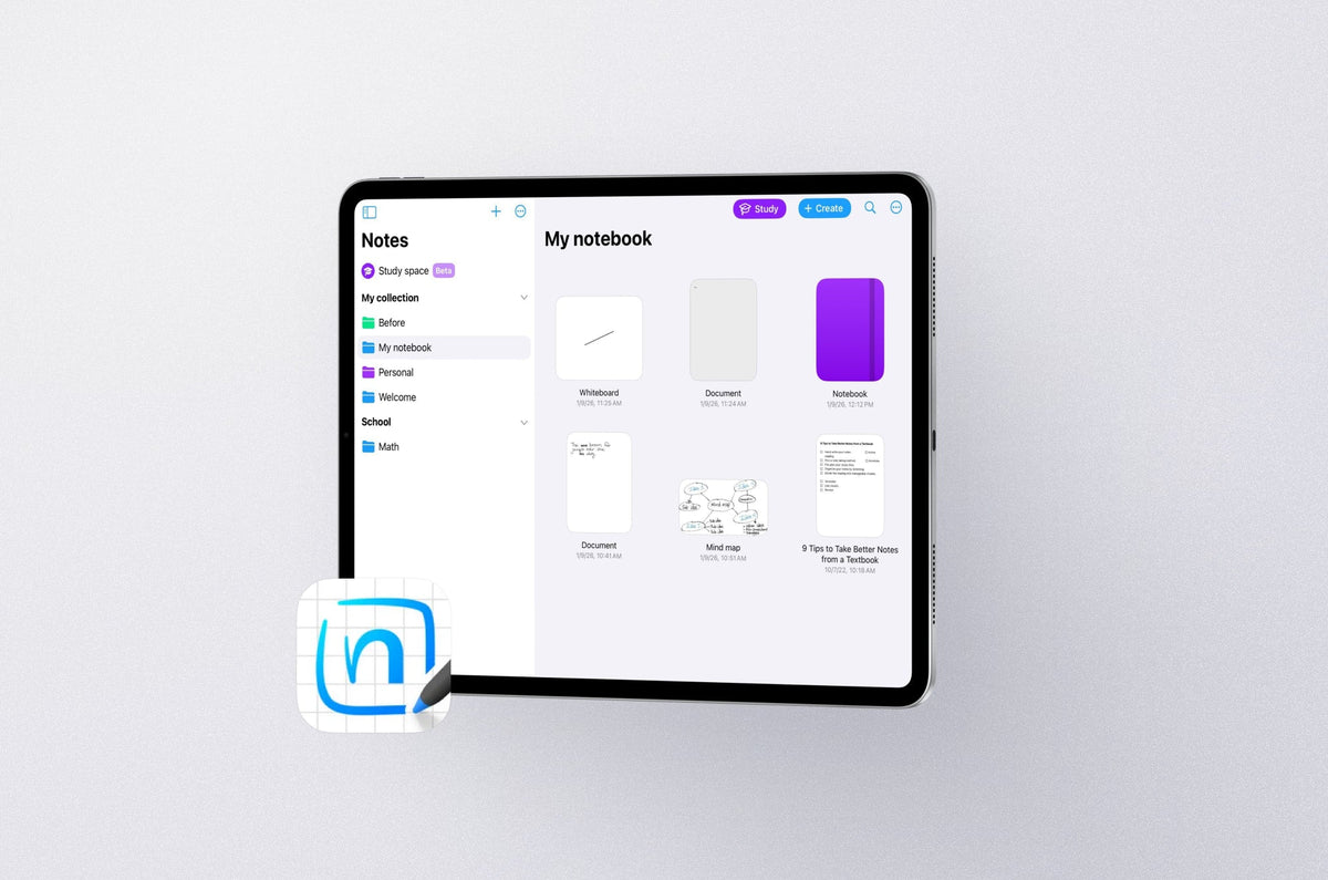 An iPad with the MyScript Notes app open on it.