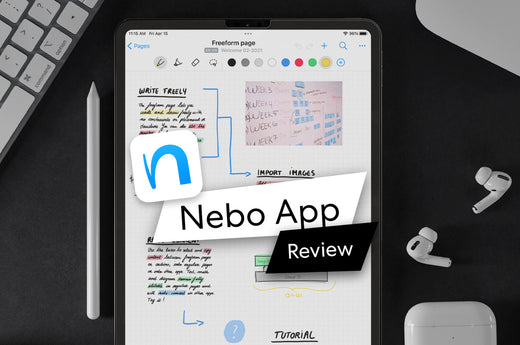 iPad screen showing handwritten notes and diagrams in the Nebo app with Apple Pencil on the side.