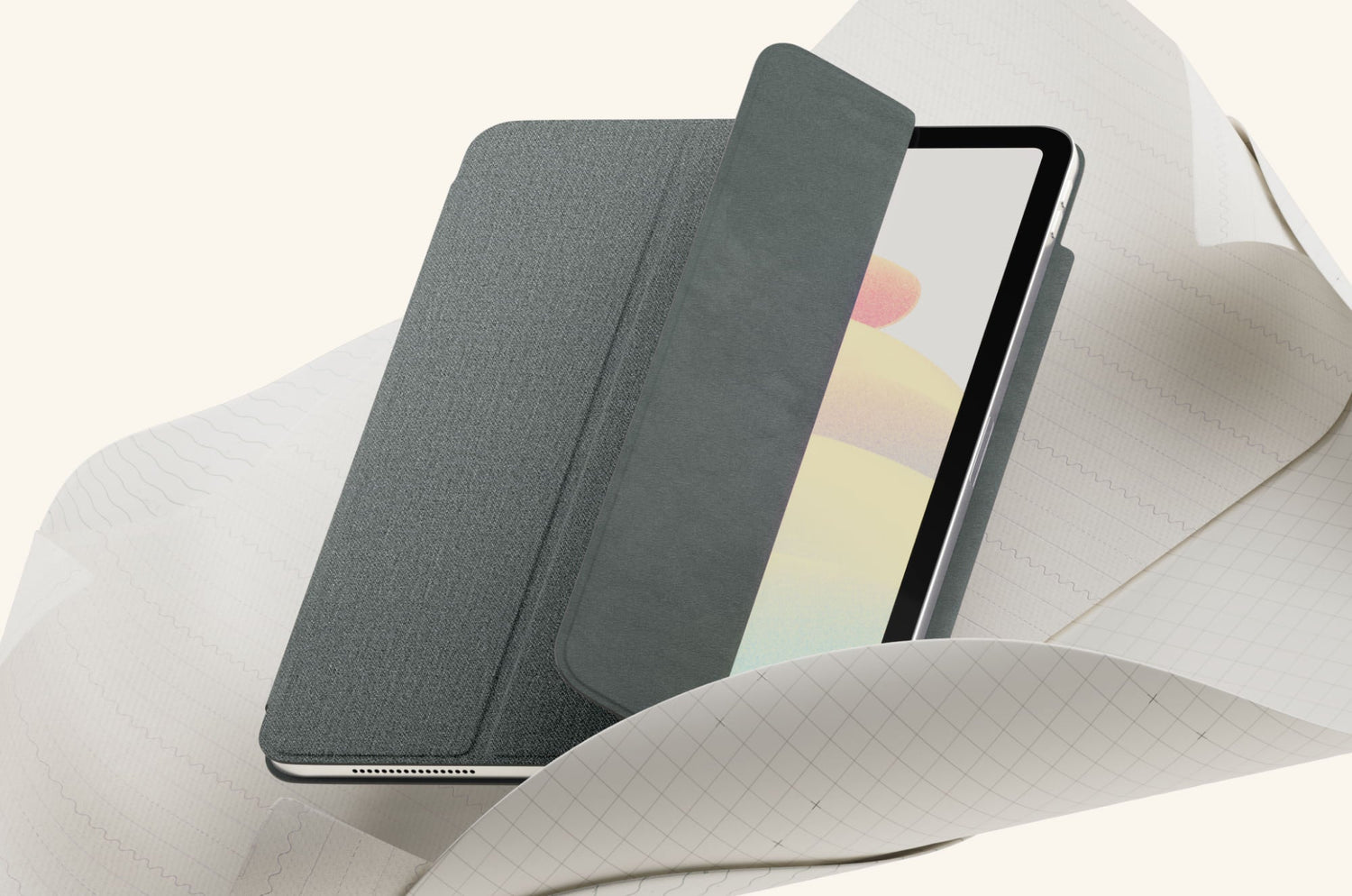Paperlike™ Folio Case on iPad, partially open, shown on textured wrapping paper background.