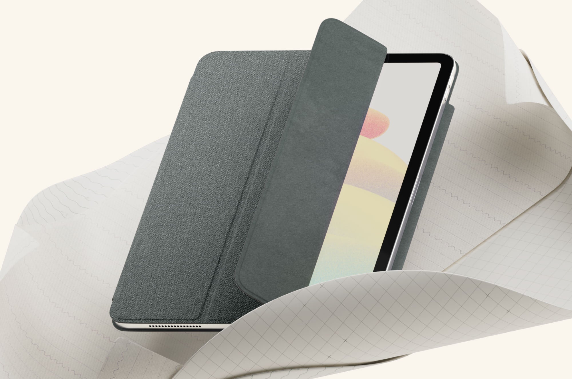 Paperlike™ Folio Case on iPad, partially open, shown on textured wrapping paper background.