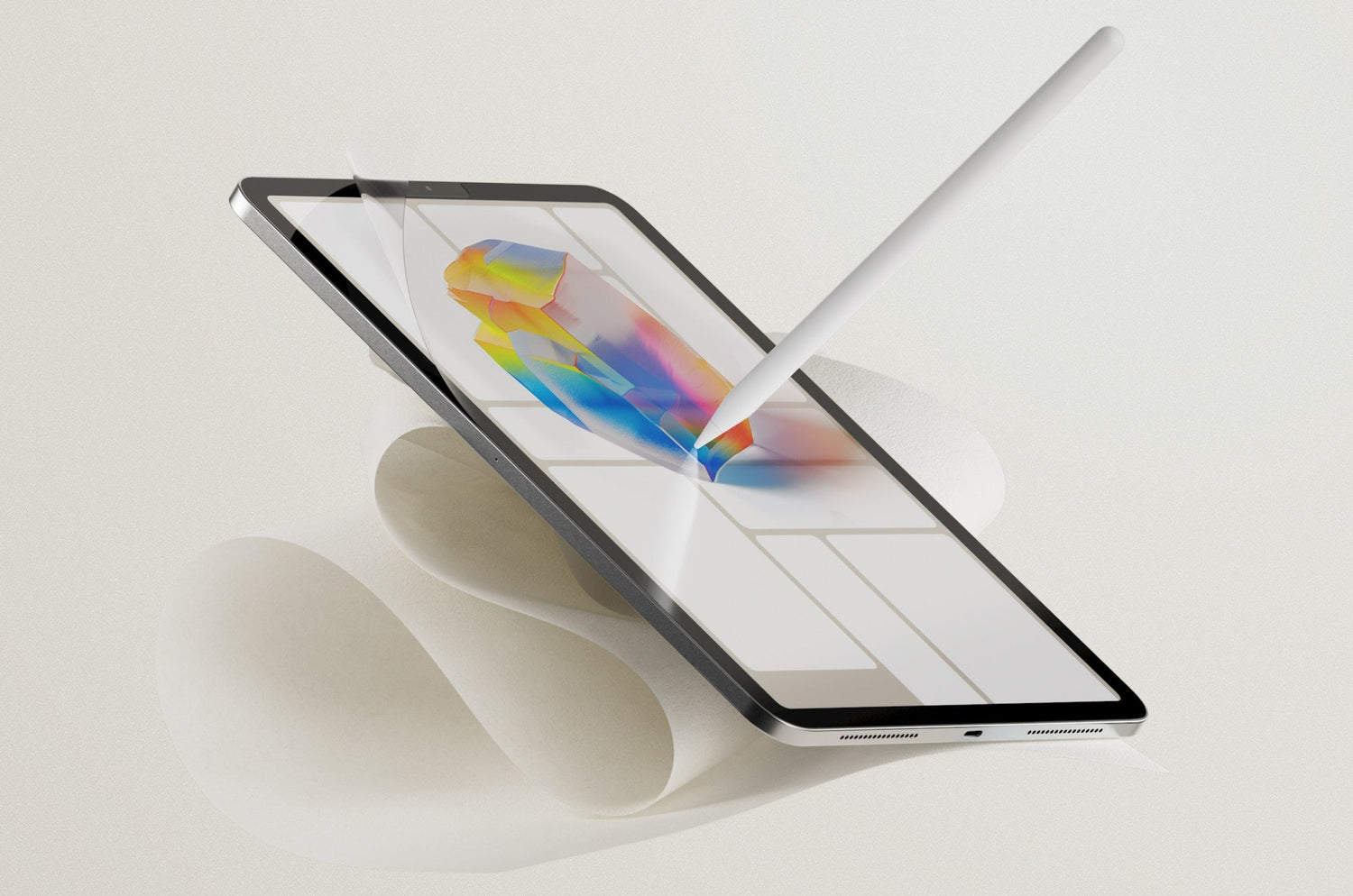 An iPad with a Paperlike Screen Protector with an Apple Pencil hovering over a digital design on the screen.