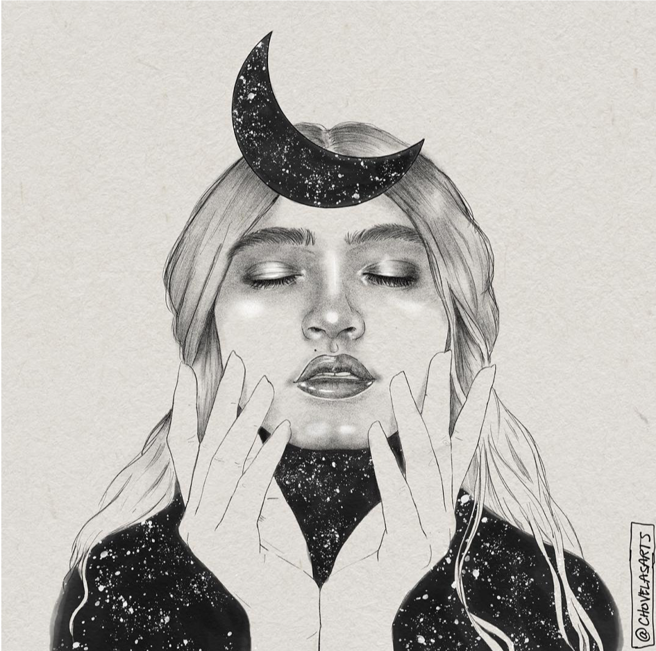 Black and white digital illustration of a woman with long hair, eyes closed, and hands raised near her face. A crescent moon filled with a starry night sky rests on her forehead, and her clothing is textured with cosmic patterns.