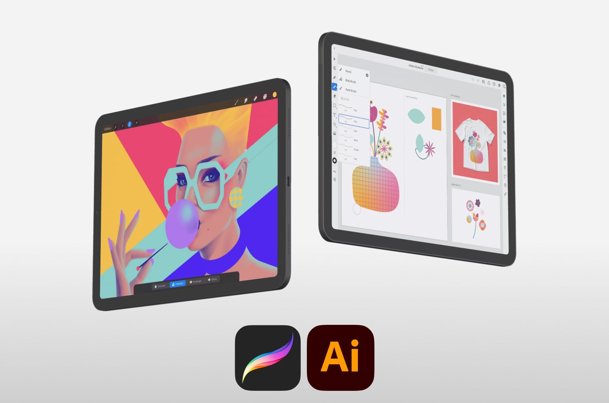 Two iPads side by side showing digital artwork in Procreate and vector design in Adobe Illustrator, with app icons below.